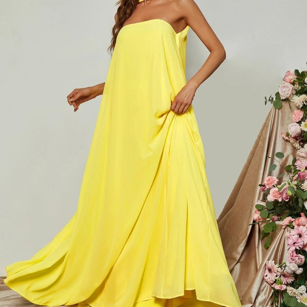 Yellow Preppy Womens Choker Neck Backless Maxi Formal Dress - Picture 4 of 5